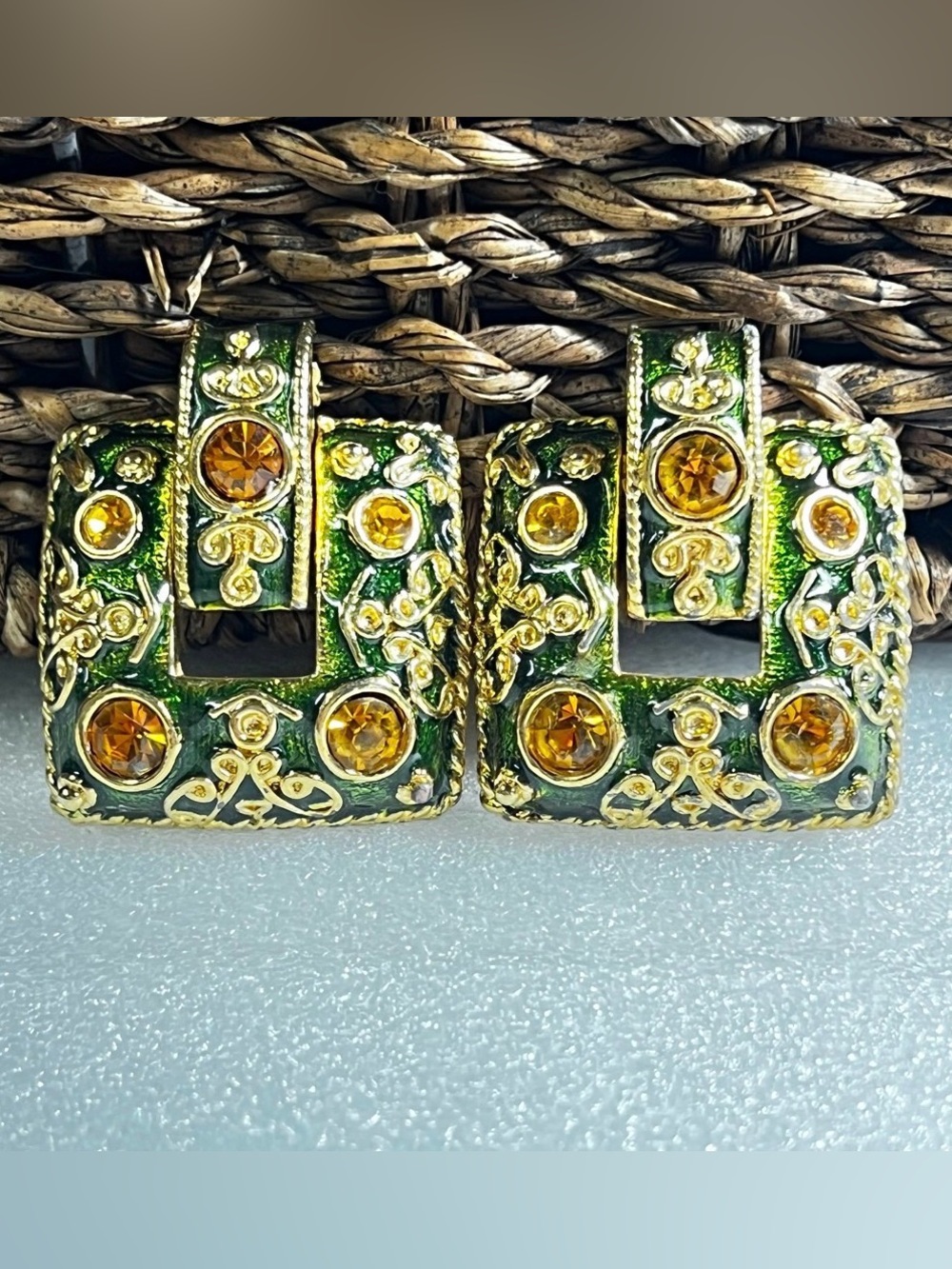 Vintage Etruscan Style Green Enamel Clip-On Earrings Citrine Yellow Rhinestones